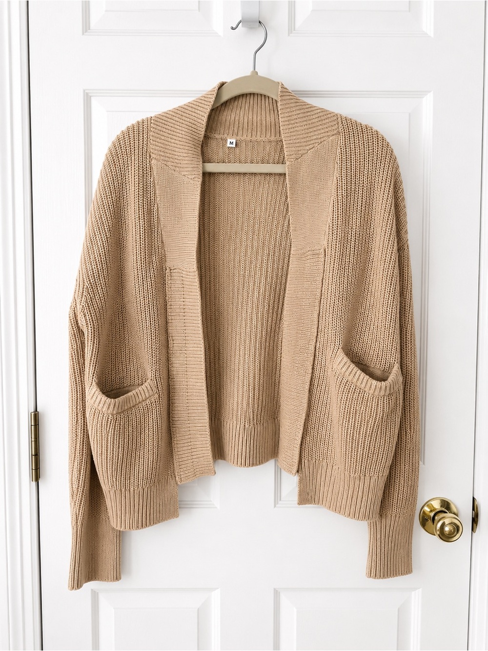 Beige Open-Front Knit Cardigan Sweater